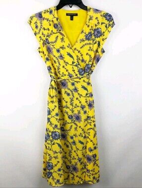 Banana Republic Yellow & Purple Floral Wrap Midi Work Dress, Size 6